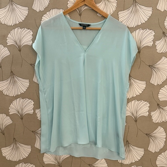 Ralph Lauren Aqua V-Neck Cap Sleeve Blouse Large - Picture 1 of 5